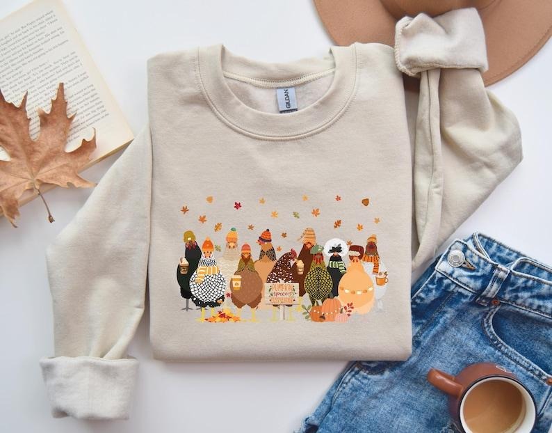 Humorous Fall Chickens Shirt, Fall Chickens Sweater, Women Fall Sweatshirt, Fall Sweater, Chicken Lover Fall Shirt,...
