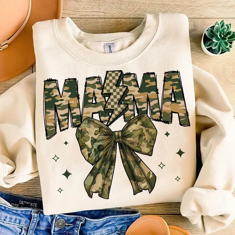 Hunting Mama Camo Bow Tee, Hunting Season Camo Bow Deer Duck Mama Sweatshirt Hoodie | DripVista.com