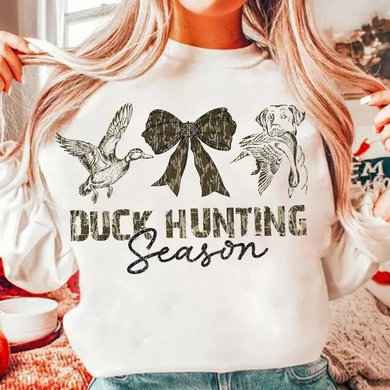 Hunting Season Duck and Dog Camo Coquette Bow Sweatshirt, Old School Camo Girls Shirt Top Hoodie | DripVista.com