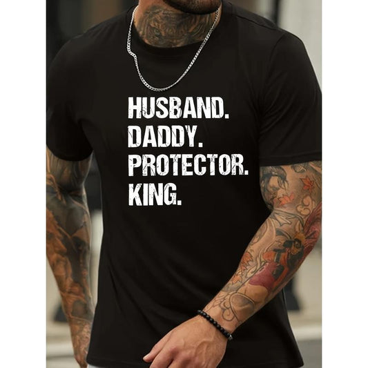 Husband Daddy Protector Print T Shirt, Tees For Men, Casual Short Sleeve T-shirt For Summer Made in USA