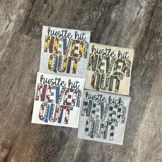 Hustle Never Quit Sports Tees