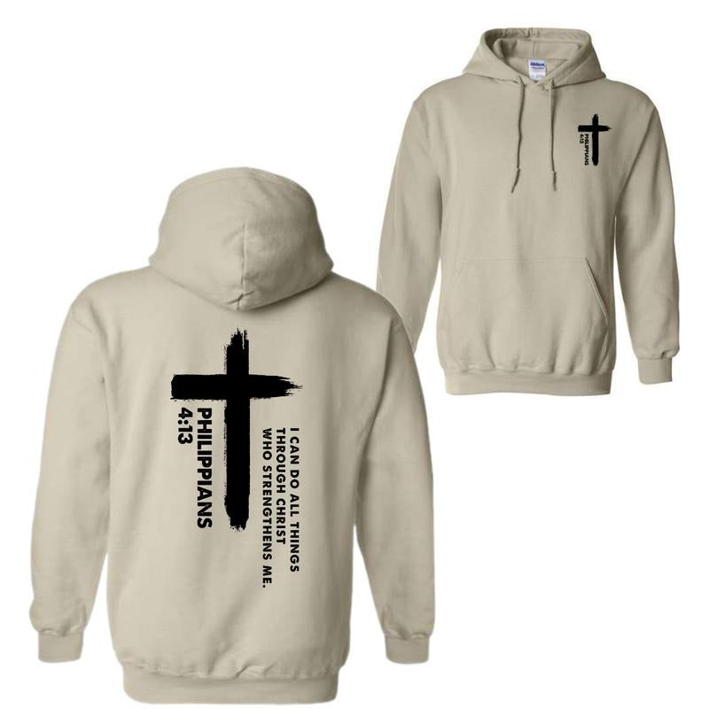 I Can Do All Things Through Christ Cross Print T-Shirt Sweatshirt Hoodie, Philippians 4:13 Hoodie, Christian Cross Hoodie...