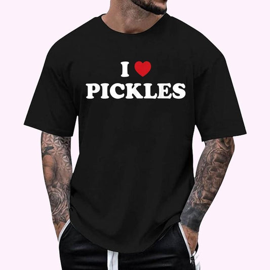 I Heart Pickles T-Shirt - Men's Regular Fit Letter Graphic Round Neck Tee, Casual Short Sleeve, Crew Neck Shirt for Summer, Fashion Men's Top for daily Wear, Graphic Tees