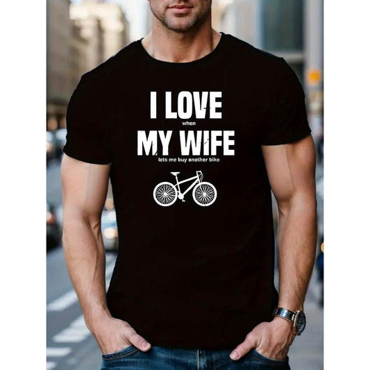 I LOVE MY WIFE Print, Men's Round Neck T-Shirt With Comfy Short Sleeves Design, Perfect For Summer Everyday Life & Outdoor Vacation Made in USA