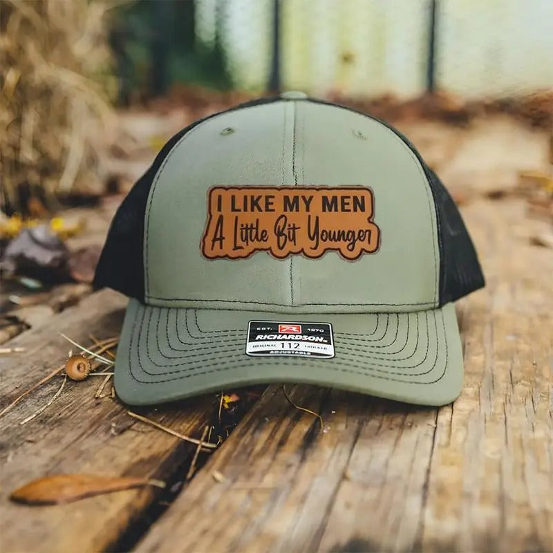 I Like My Men A Little Bit Younger Leather Patch For Trucker Hat And Beanie, Beanie Hat for Men & Women, Hat for Fall & Winter, Fashion Accessories for Cold Weather, Winter Hat, Birthday Outfits Winter Hats for Women Men, Beanie Gifts Christmas