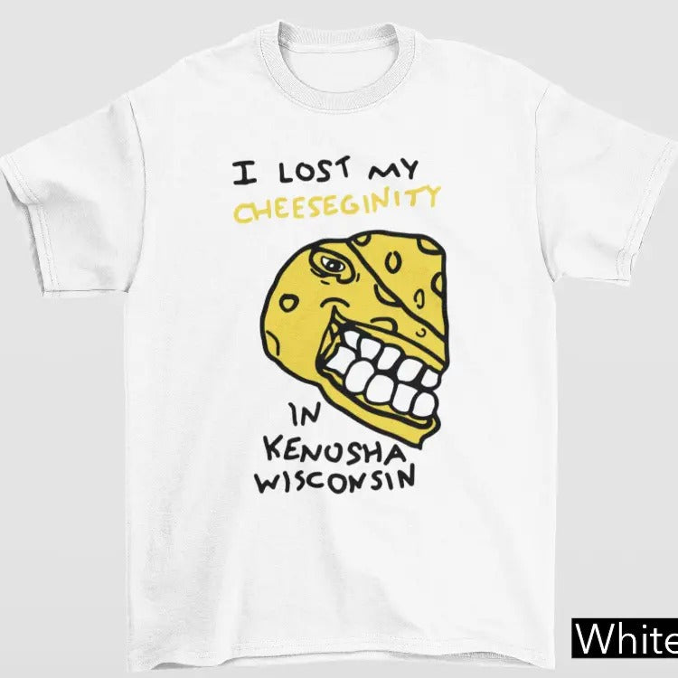 I Lost My Cheeseginity In Kenosha Wisconsin, Funny Meme Shirt, Sarcastic Cartoon Tshirt, Ironic Gen Z, Adult Y2K Graphic Menswear Top