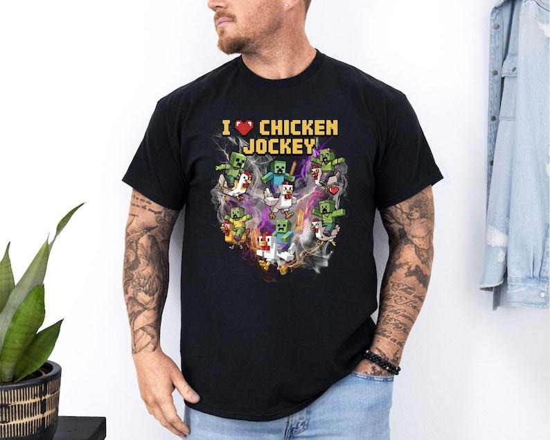 I Love Chicken Jockey Shirt Pixel Zombie Gamer Tee Funny Meme Gift for Boys Gaming Shirt Movie Style Undead Humor T-Shirt Casual Classic