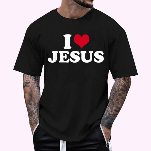 I Love Jesus Graphic T-Shirt - Men's Regular Fit Letter Graphic Round Neck Tee, Casual Short Sleeve, Crew Neck Shirt for Summer, Fashion Men's Top for daily Wear, Graphic Tees