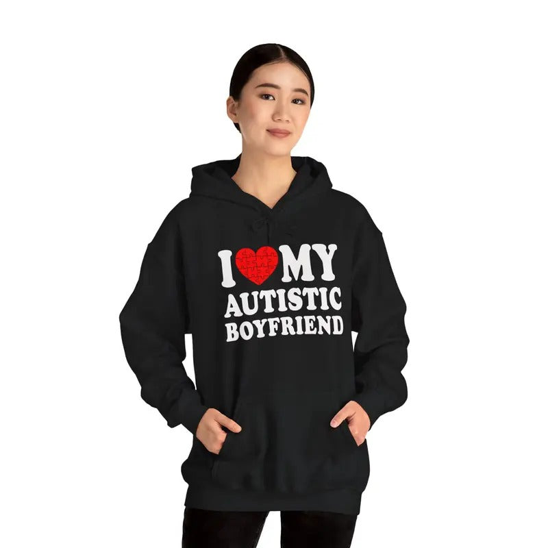 I Heart My Autistic Boyfriend / I Love My Autistic Boyfriend Hoodie | Unisex Hooded Sweatshirt T-Shirts | DripVista.com