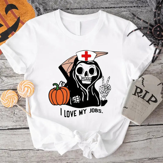 I Love My Jobs T-Shirt, Nurse Halloween Party Shirt, Matching Spooky Season Tee, Nursing School Gift Tee, Nurse Funny Skeleton Tee.