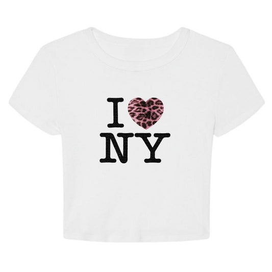 I Love NY Pink Leopard Y2K Aesthetic Graphic Summer T-Shirt