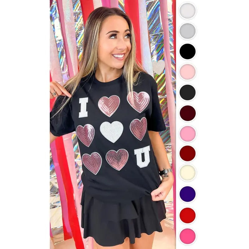 I Love You  Sequin Valentine Heart Graphic T-Shirt Hoodie, Sweatshirt | DripVista.com