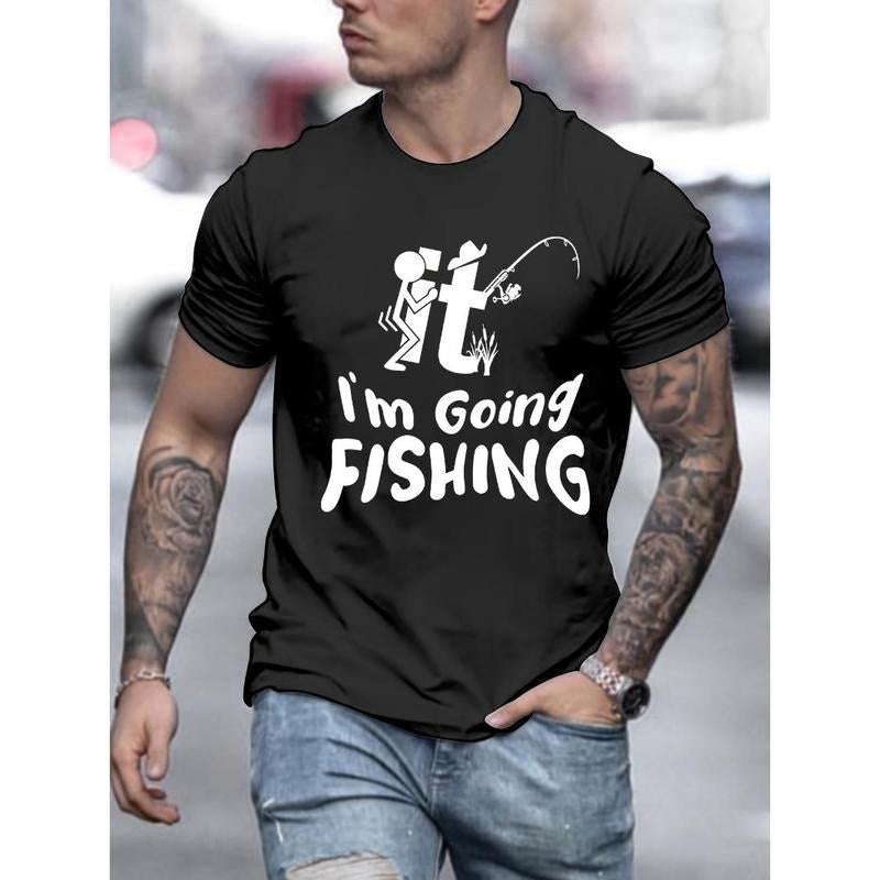 I'M GOING FISHING Print Short Sleeve Casual T-shirt Men's Comfy Summer Outfit Made in USA Hoodie, Sweatshirt | DripVista.com