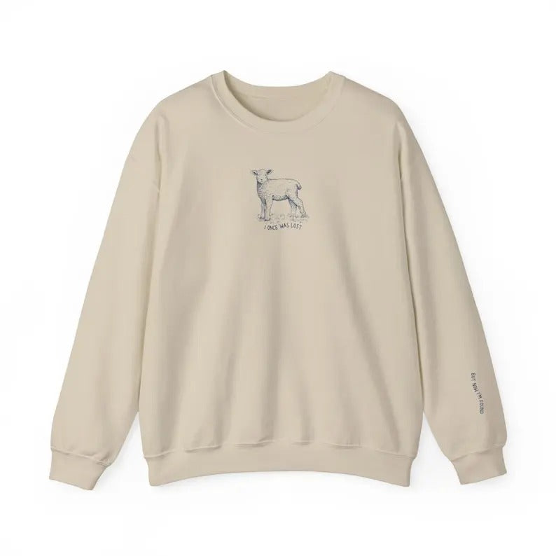 I Once was Lost but Now I'm Found Sweatshirt, Sheep Bible Verse Sleeve Print Shirt, Christian Crewneck, He Left the 99 to...
