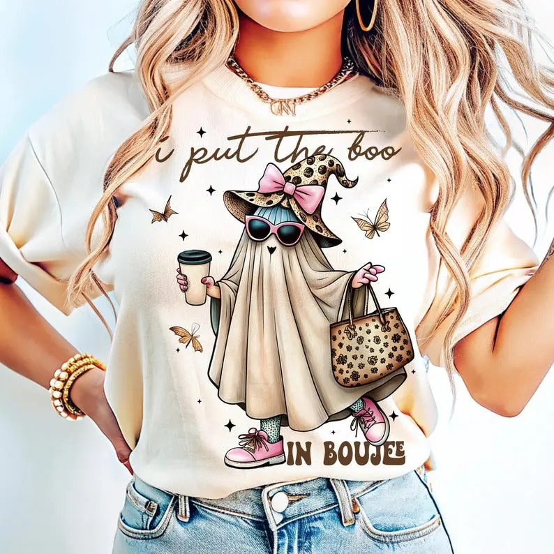 I Put The Boo In Boujee Ghost T-Shirt , Halloween Ghost Sweatshirt, Girly Halloween Boo Shirt Hoodie | DripVista.com