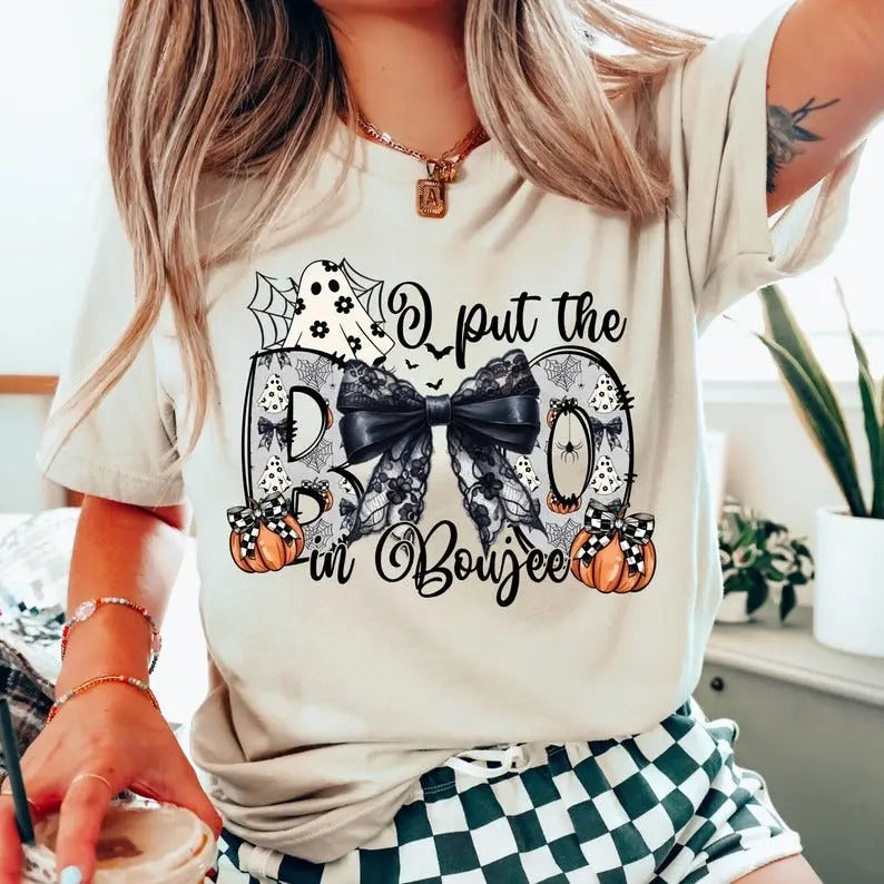 I Put The Boo In Boujee Sweatshirt, Boo-Jee Ghost Sweater, Coquette Halloween Shirts, Gothic Bow Halloween Sweatshirt,...