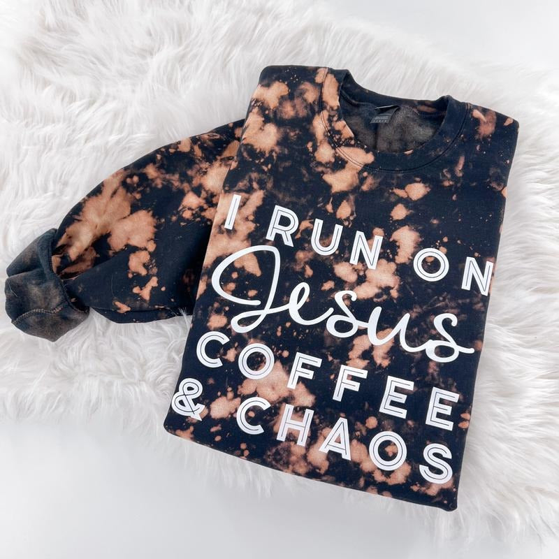 I Run on Jesus Coffee and Chaos Marbled T-shirt Sweatshirt or Hoodie Comfy Womenswear Tops | DripVista.com