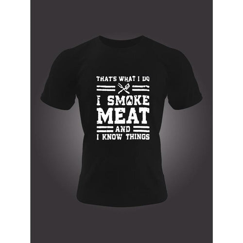 ''I SMOKE MEAT AND I KNOW THINGS'' Pattern Print Men's Short Sleeve Comfy T-shirt, Graphic Tee Men's Summer Clothes,...