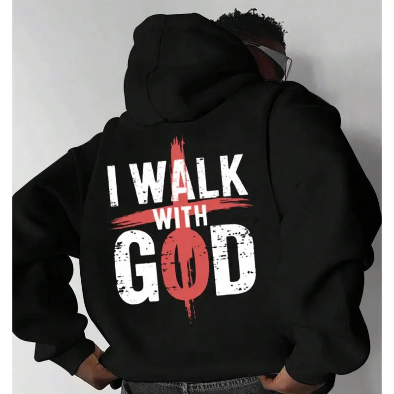 I Walk With God 2 Side Hoodie Casual Street Style Fleece Pullover Hooded Sweatshirt Tops Trendy for Women for Men, Perfect Gift