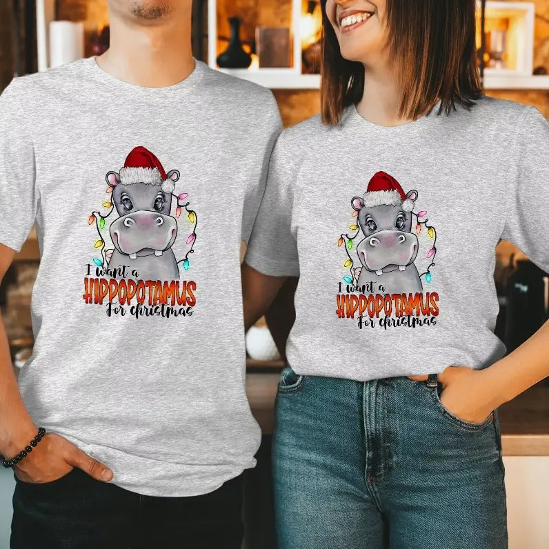 I Want A HIPPOPOTAMUS For CHRISTMAS Shirt Santa Hat Matching Tops 