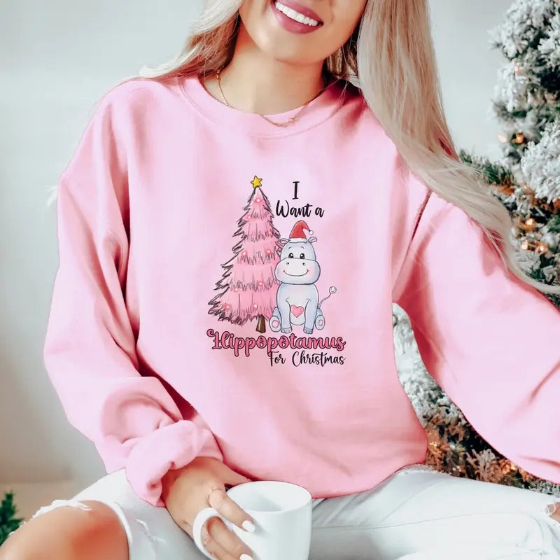 I Want A Hippopotamus For Christmas Sweatshirt, Christmas Hippopotamus Shirt, Pink Christmas Tree Shirt, Hippo Christmas,...