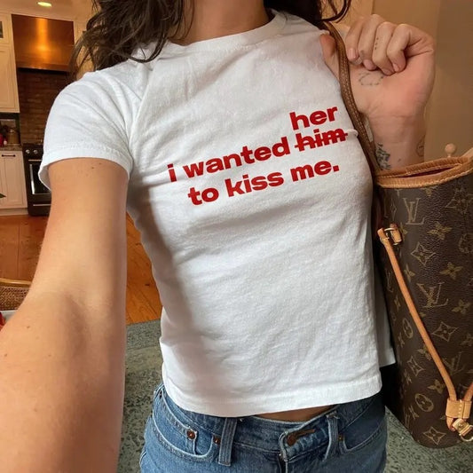 I Wanted Her To Kiss Me LGBTQ WLW Y2k Baby Tee Y2k Shirt Trendy Baby Tee Funny Baby Tee Coquette Baby Tee 90s Baby Tee Shirt Aesthetic Baby