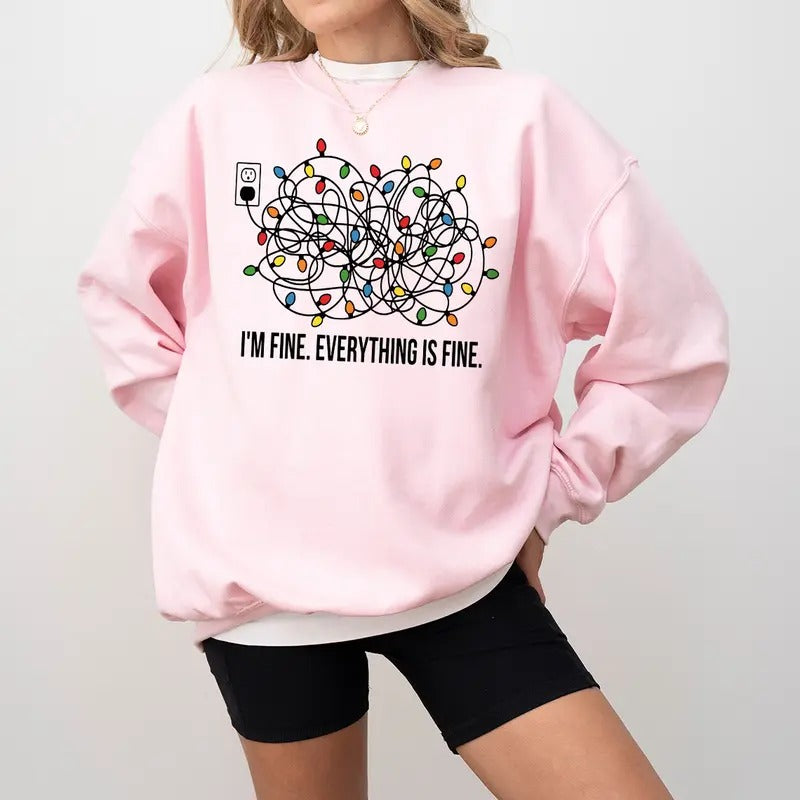 I'm Fine Everything Is Fine Sweatshirt, Tangled Lights Christmas Crewneck Sweatshirt, Funny Christmas Lights Tee Shirt, Xmas Gift 2024