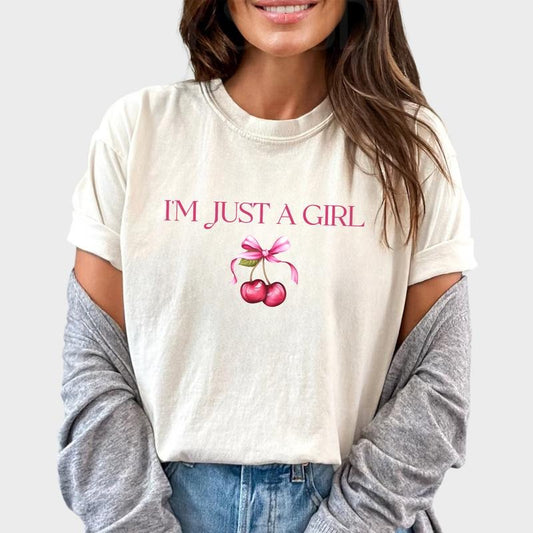 I'm Just A Girl Shirt, Coquette Cherry Tee, Coquette Girly Graphic Tee Women, Pinky Women Unhinged Shirt, Comfy Fabric Oversized Graphic Tee, Shirt For Girls, Women's Tops, Womenswear, Cotton Fabric Relaxed Fit Chic Style