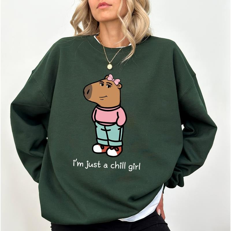 I'm Just a Chill Girl Sweatshirt, Funny Chilling Capybara Sweater, Cool Girl Shirt, Girlfriend Clothing Gifts, Comfy Long...
