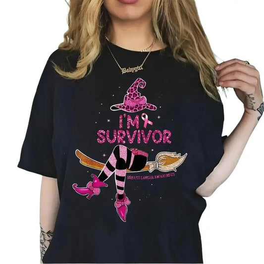 I'm Survivor Witch Theme Breast Cancer Graphic T-shirt, Leopard Print & Pink Ribbon T-shirt, Halloween Breast Cancer Witches Gift For Friends, for Him, for Her