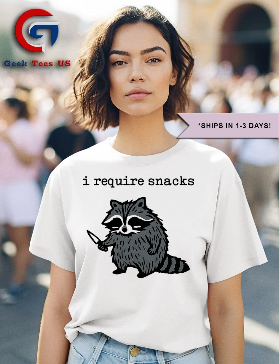 I require snacks Raccoon knife T-shirt