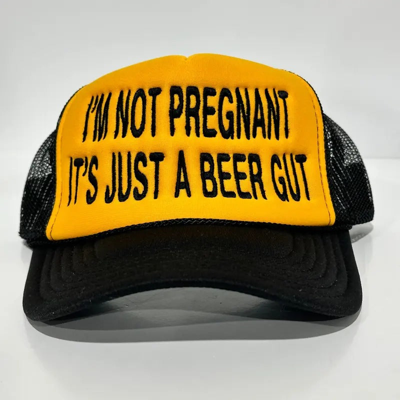 IM NOT PREGNANT ITS JUST A BEER GUT Black Mesh SnapBack Trucker Cap Funny Beer Drinking Hat Custom Embroidered Collab Cut...
