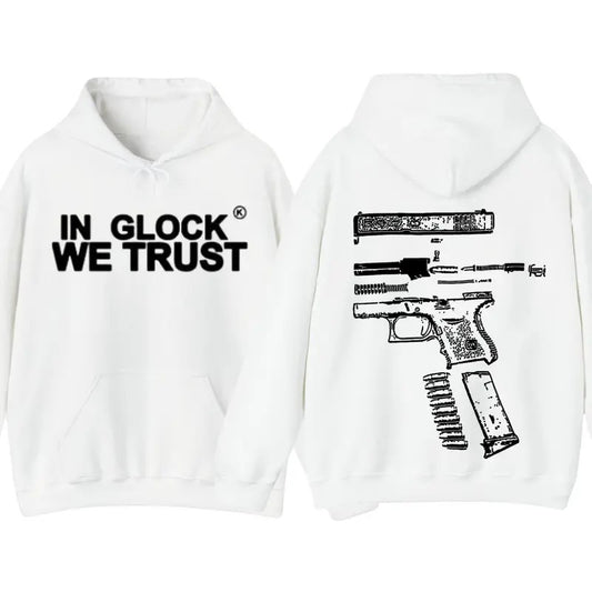 IN GLOCK WE TRUST Double side Hoodie,Design Black- White, SweatShirt For Men, GIft For Men,Full color, Menswear Sweater
