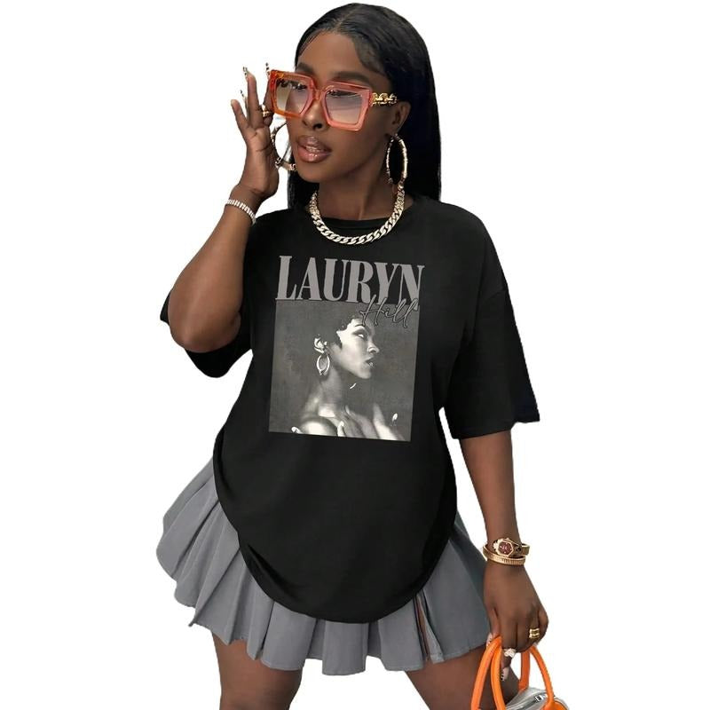 INAWLY Plus Size Lauryn Hill Print Short Sleeve Casual T-Shirt Green Knitted Fabric Loose Fit Women'WB shield Top for...