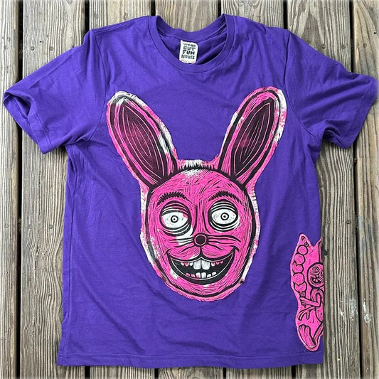 Ice Cream Rabbit  Hand printed  Limited Edition Woodcut T Shirt Menswear Cotton Top Graphics Long Sheer Tee Handmade Soft