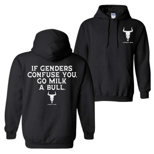 If Genders Confuse You Go Milk a Bull Hoodie, Funny Western Statement Graphic Pullover, Menswear Streetwear Long Sleeve Top