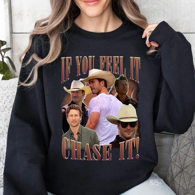 If You Feel It, Chase It Ver 3 Gildan, Glen Powell Unisex Softstyle Sweater Hoodie- Tyler Owens Twisters, Twisters Movie Shirt , Movie Character, Vintage Shirt - Gift For Woman And Man Unisex Sweater Hoodie Fabric Menswear