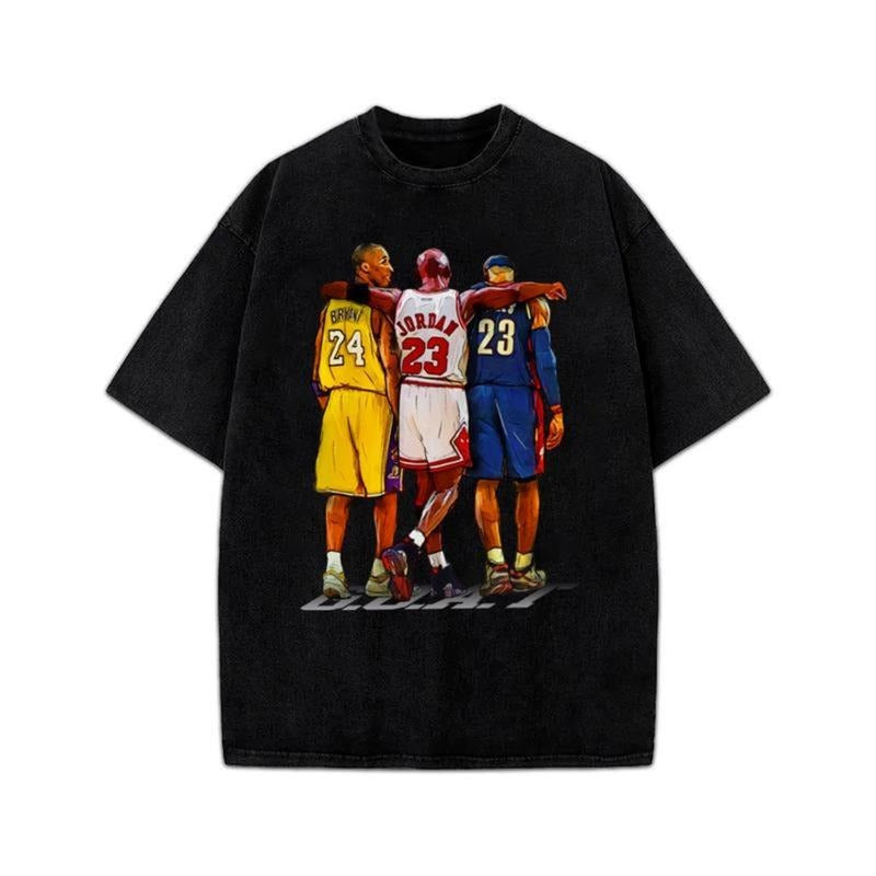 Illustrated Kobe Michael Bron Three Spiky hair fighters GOAT Tribute Graphic T-Shirt Crewneck Cotton style 02 Hoodie,...
