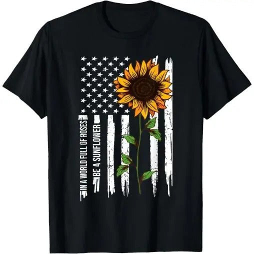 In A World Full Of Roses Be A Sunflower American Flag T-Shirt Made in USA Hoodie, Sweatshirt | DripVista.com