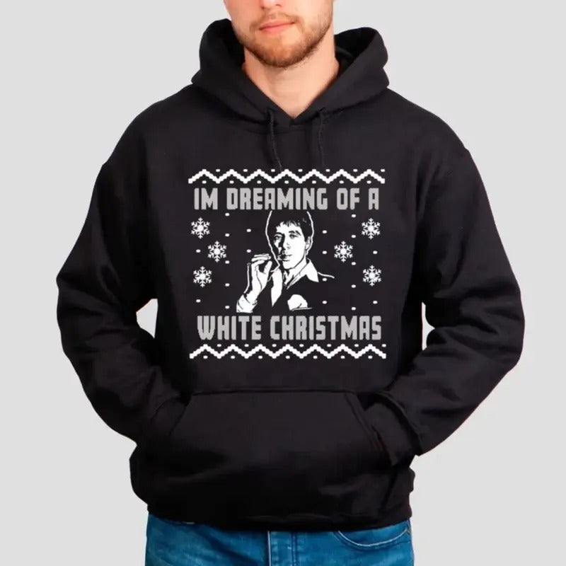 In Dreaming Of A White Christmas Ugly Sweater, Scarface White Christmas Black Or Red Sweatshirt Crew Neck, Holiday Sweater With Classic For Men, Unisex Sweater Pullover Tee