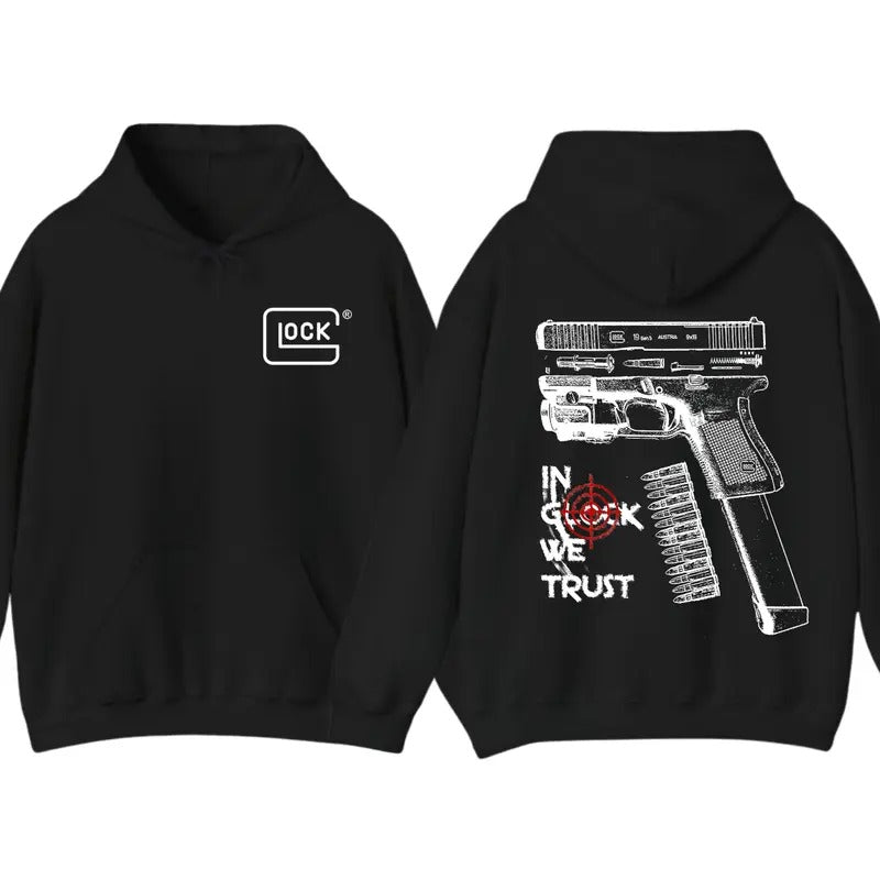 In Glock We Trust 2-Sided Hoodie T-Shirt, Cotton Pullover Graphic Tee, Menswear Streetwear Top, Aesthetic Biker Style for...