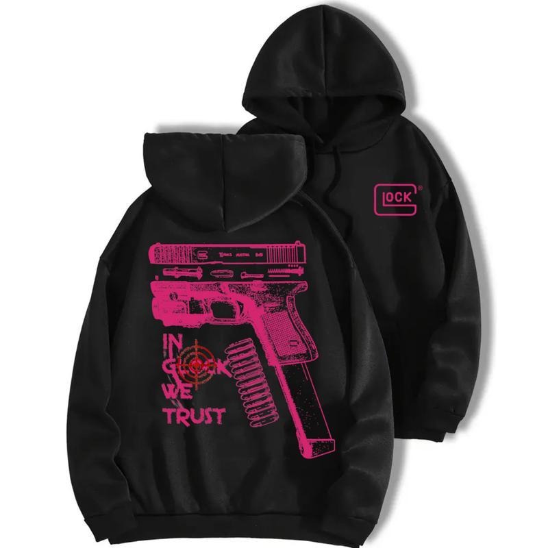 In Glock We Trust Standard size Black Hoodie with Multicolor Design for Men and Women Classic Fit Menswear, Casual Top...