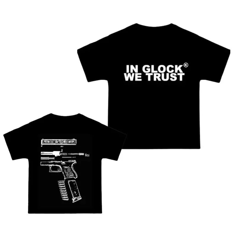 In Glock We Trust Streetwear Heavyweight Black Tee Shortsleeve Shirt, Double Sided Shirt, Full Colors, Full Sizes, For...