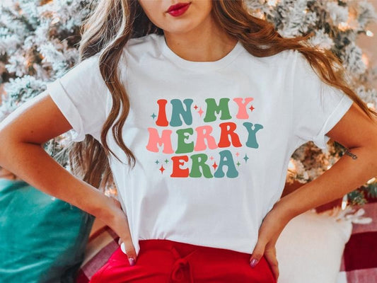 In My Merry Era Shirt, Retro Christmas T-shirt, Woman Christmas Tee, Trendy Xmas Gift Tee, Winter Holiday Gift For Her.