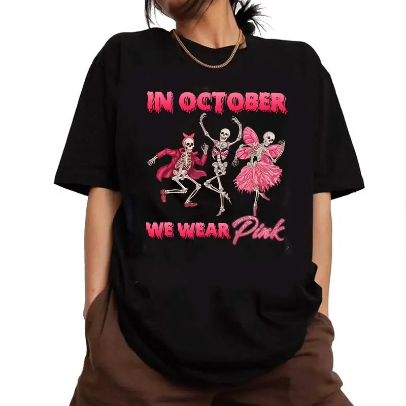 In October We Wear Pink Funny Shirt Ghost Dance, Cute Tee For Halloween Love Pink Shirt With October