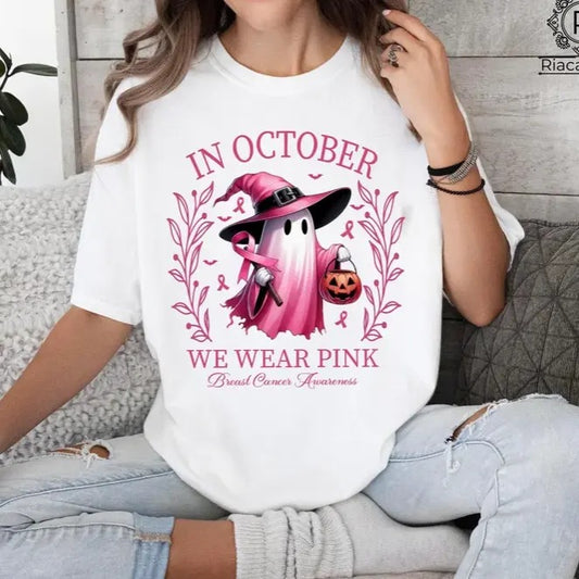 In October We Wear Pink Ghost Shirt, Halloween Tee, Pink Ribbon Shirt, Breast Cancer Awareness Shirt, Retro Cancer Survivor T-Shirt