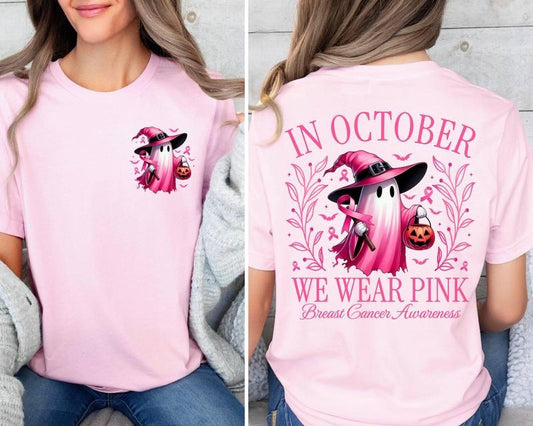 In October We Wear Pink Ghost Shirt, Halloween in October We Wear Pink, Breast Cancer Awareness Shirt, Pink Ribbon Shirt, Wear Pink Pumpkin