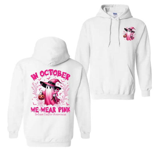 In October We Wear Pink Ghost Witch Breast Cancer 2 Sided Hoodie T-Shirt - Trendy Shirt