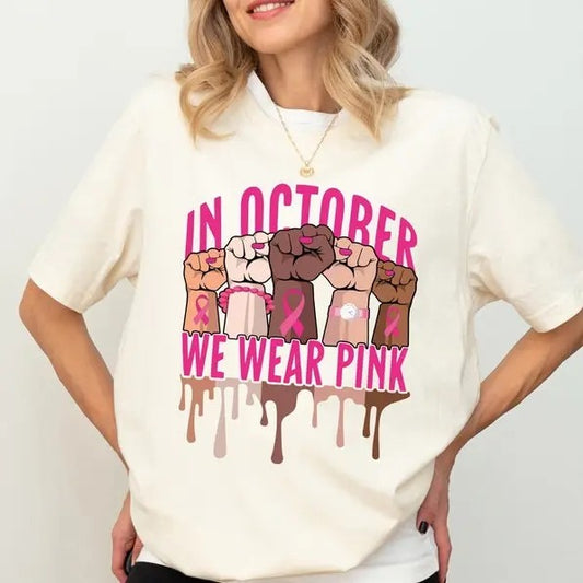 In October We Wear Pink Graphics T-shirt, Pink Ribbon Cancer Awareness Support Team Shirts, Pink Ribbon Breast Cancer Month Unisex T-shirt for men and women