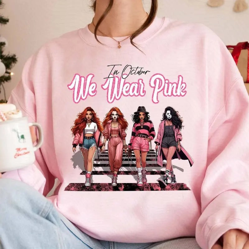 In October We Wear Pink Shirt,   Girl Characters Movies Shirt, Breast Cancer Month Halloween Tshirt, Pink Halloween Vintage Tshirt best couples